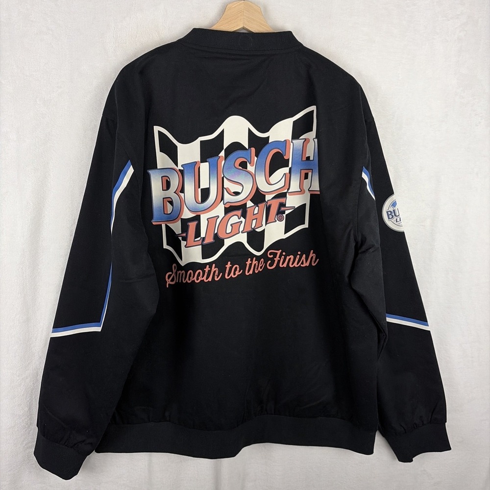 Busch Light Bomber Jacket Mens 2XL Black Racing Beer Graphic Snap Lightweight